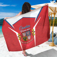 Red Czechia flag sarong with white emblem and crest, draped beach wrap