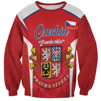 Red unisex crewneck sweatshirt with Czechia graphic crest and floral accents