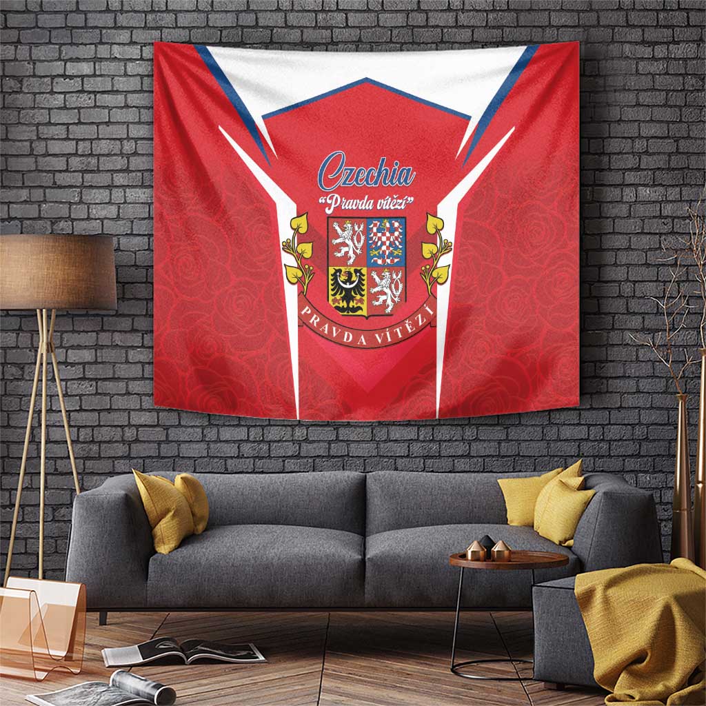 Red wall tapestry with Czech crest, blue “Czechia” text, and white ribbon borders