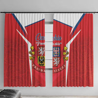 Red Czech flag window curtain panels with blue-and-white geometric stripes and crest
