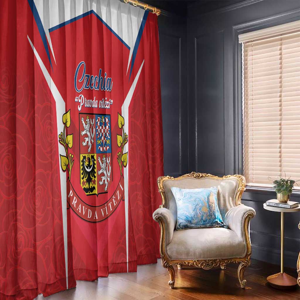 Red Czech flag window curtain panel with large crest graphic and blue diagonal trim