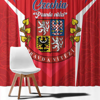 Red Czech flag curtain with central crest and slogan-style lettering, blue stripe accents