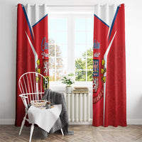 Red Czech flag curtains with crest graphics, blue diagonal stripes, and rod-hung top tabs