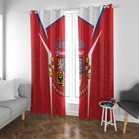 Red Czech flag curtain panels with crest and blue diagonal accents, hung on metal rings