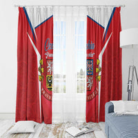 Red Czech flag window curtain set with crest panels and blue-and-white diagonal stripes