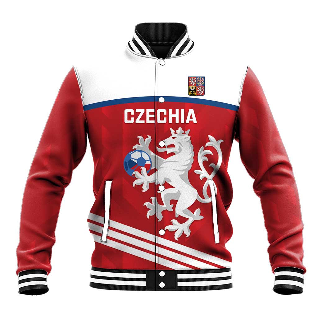 Red baseball jacket with white striped collar, CZECHIA print, and Czech crest on front