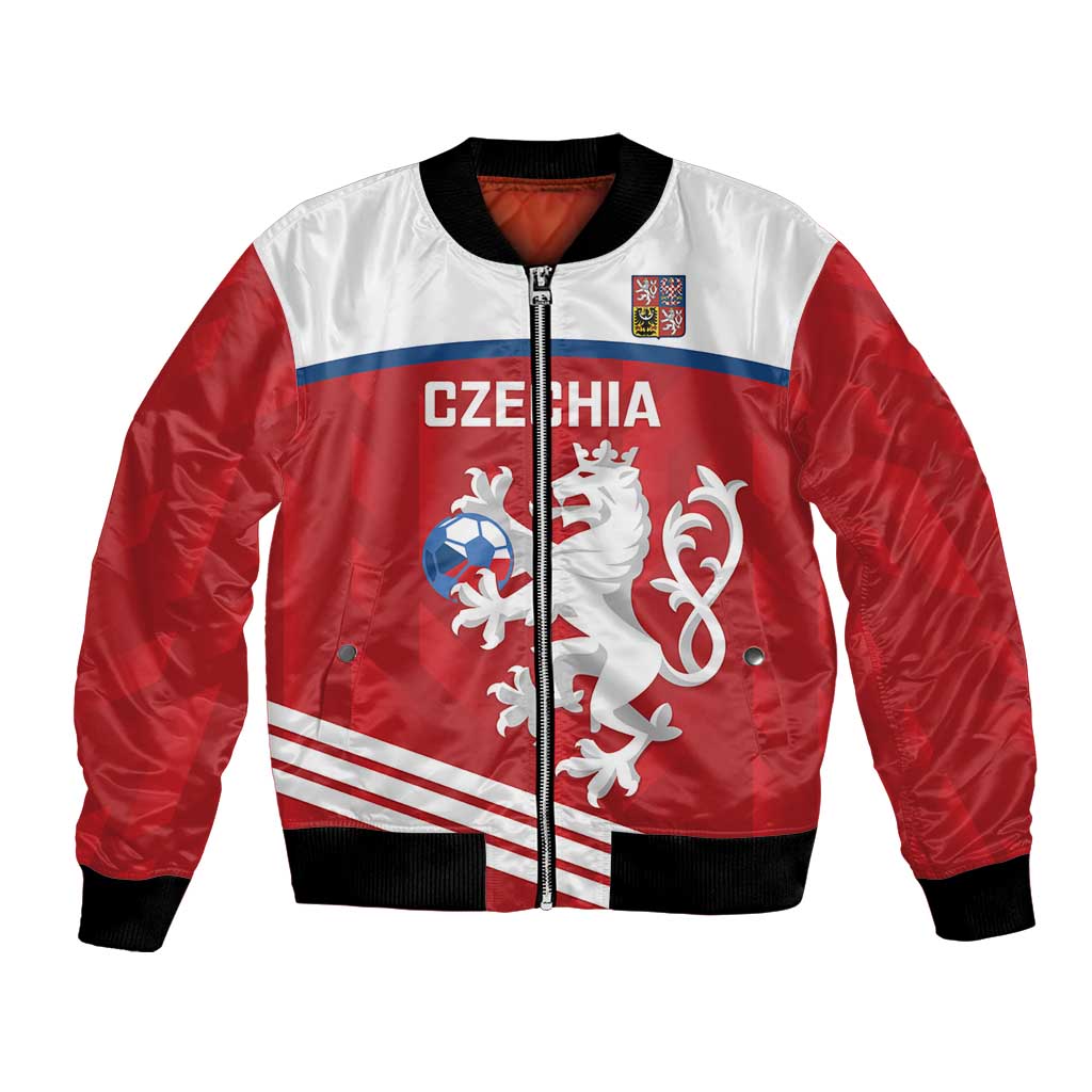 Red and white football bomber jacket with front zipper and Czech flag crest graphic