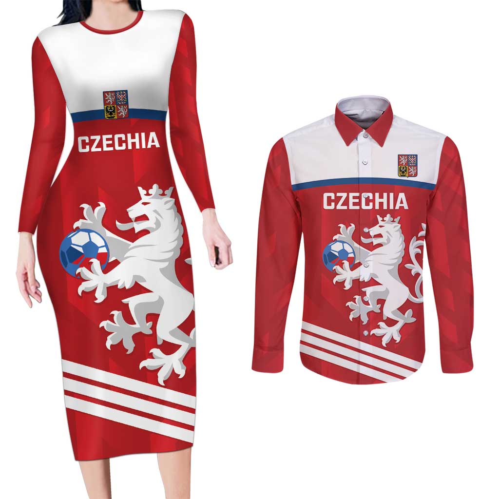 Custom Czech Republic Football Couples Matching Long Sleeve Bodycon Dress and Long Sleeve Button Shirt Go Czechia - Sporty Style - Wonder Print Shop