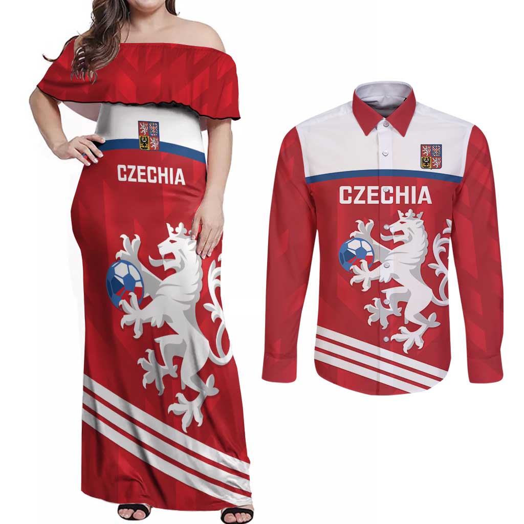 Custom Czech Republic Football Couples Matching Off Shoulder Maxi Dress and Long Sleeve Button Shirt Go Czechia - Sporty Style - Wonder Print Shop