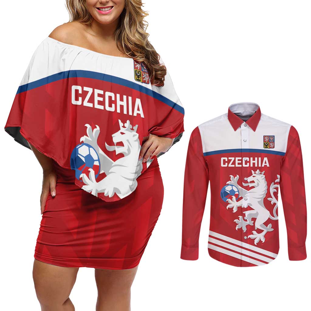 Custom Czech Republic Football Couples Matching Off Shoulder Short Dress and Long Sleeve Button Shirt Go Czechia - Sporty Style - Wonder Print Shop