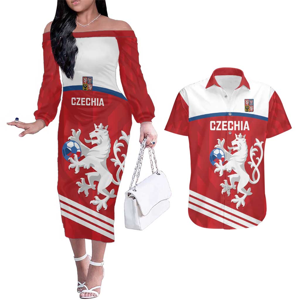 Custom Czech Republic Football Couples Matching Off The Shoulder Long Sleeve Dress and Hawaiian Shirt Go Czechia - Sporty Style - Wonder Print Shop