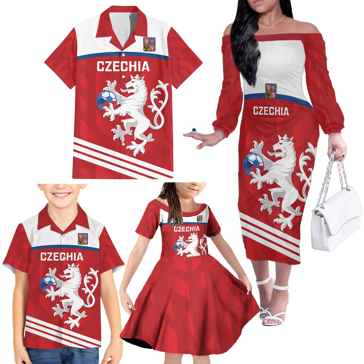 Custom Czech Republic Football Family Matching Off The Shoulder Long Sleeve Dress and Hawaiian Shirt Go Czechia - Sporty Style - Wonder Print Shop