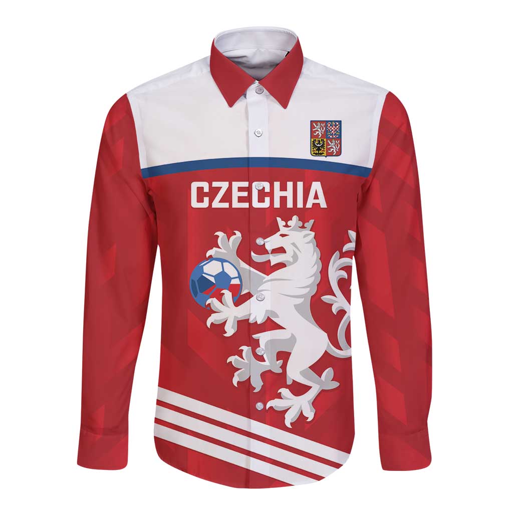 Red and white long-sleeve button football shirt with Czechia text and lion crest