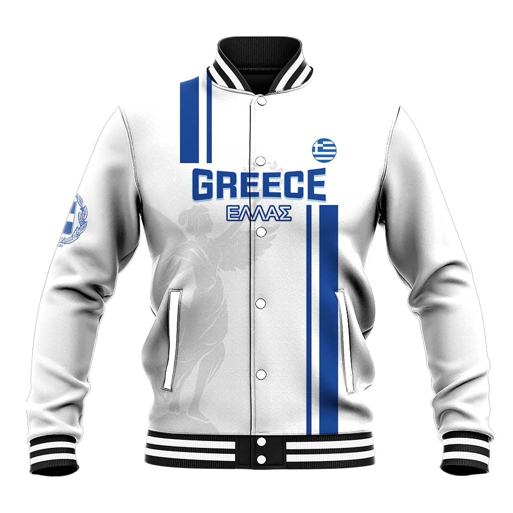 Unisex white baseball jacket with Greece graphic, blue stripes, snap-button front