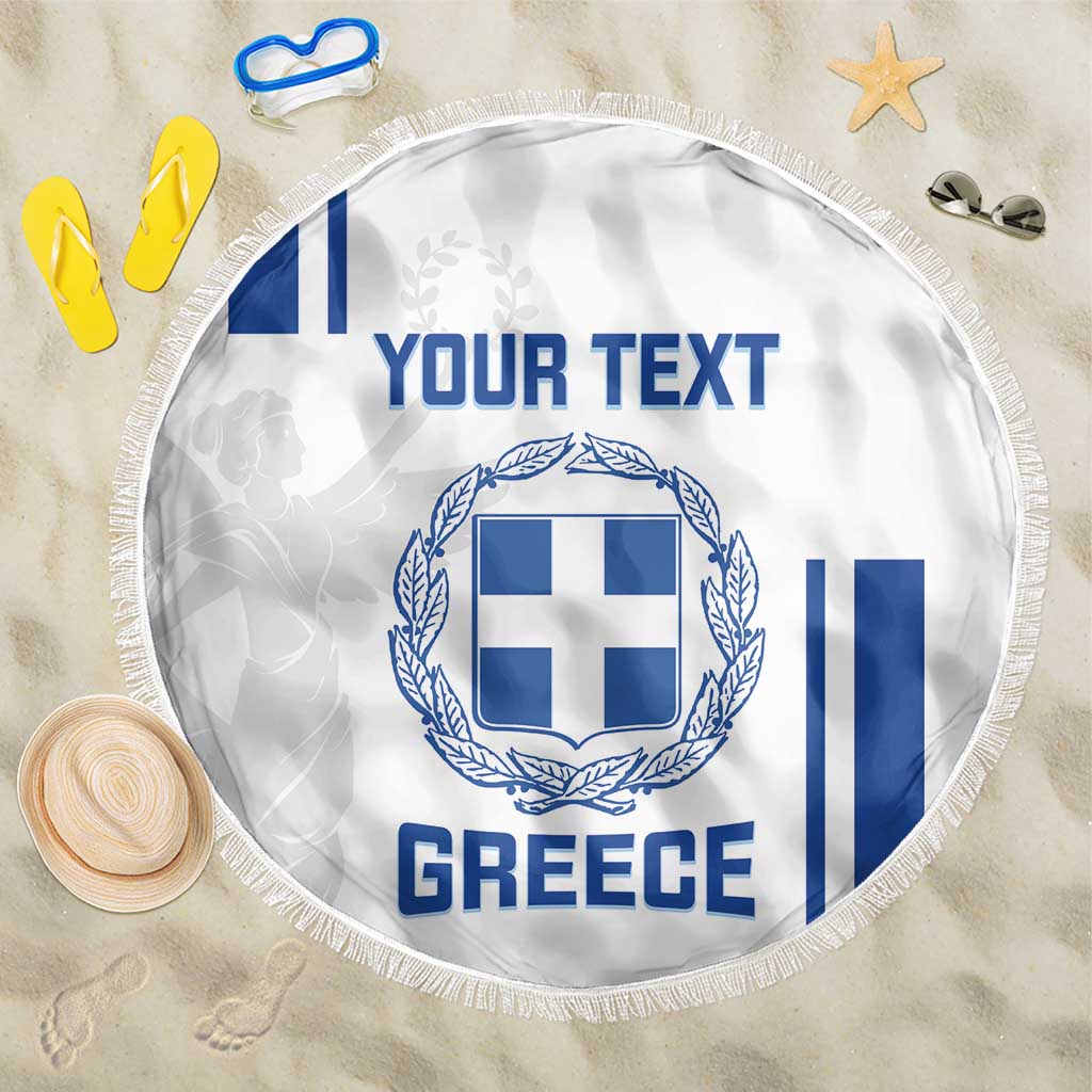 White round beach blanket with blue Greece crest, YOUR TEXT, and tassel fringe