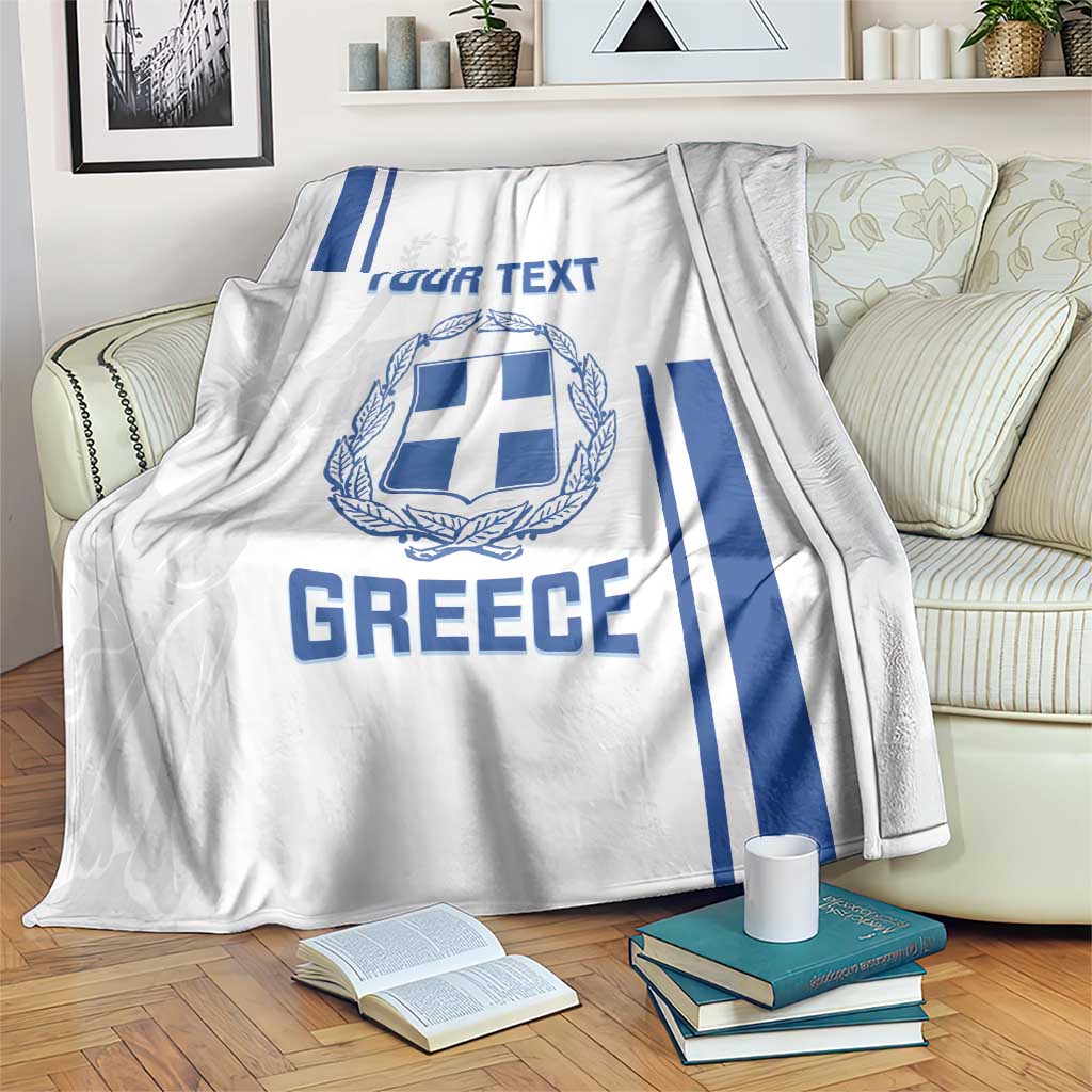 Custom Greece football blanket, white with blue Greece logo, crest, stripes, and YOUR TEXT