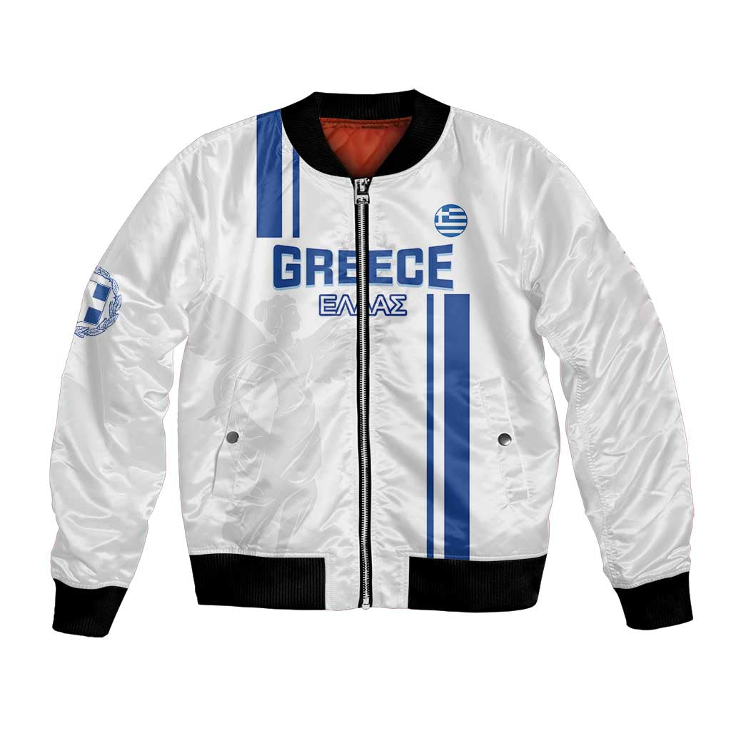 White Greece football bomber jacket with zip front, blue stripe crest and black rib trim