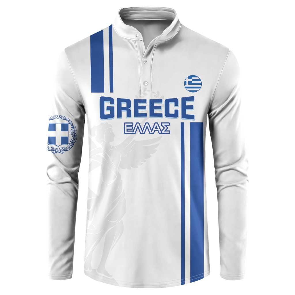 White Greece button sweatshirt with blue vertical stripe and chest crest graphic