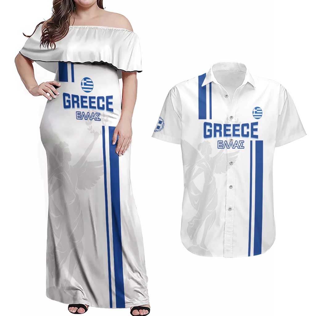 Custom Greece Football Couples Matching Off Shoulder Maxi Dress and Hawaiian Shirt Go Ethniki - Sporty Style - Wonder Print Shop