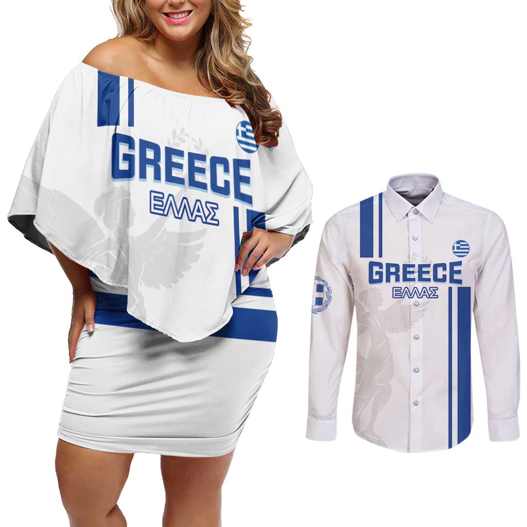 Custom Greece Football Couples Matching Off Shoulder Short Dress and Long Sleeve Button Shirt Go Ethniki - Sporty Style - Wonder Print Shop