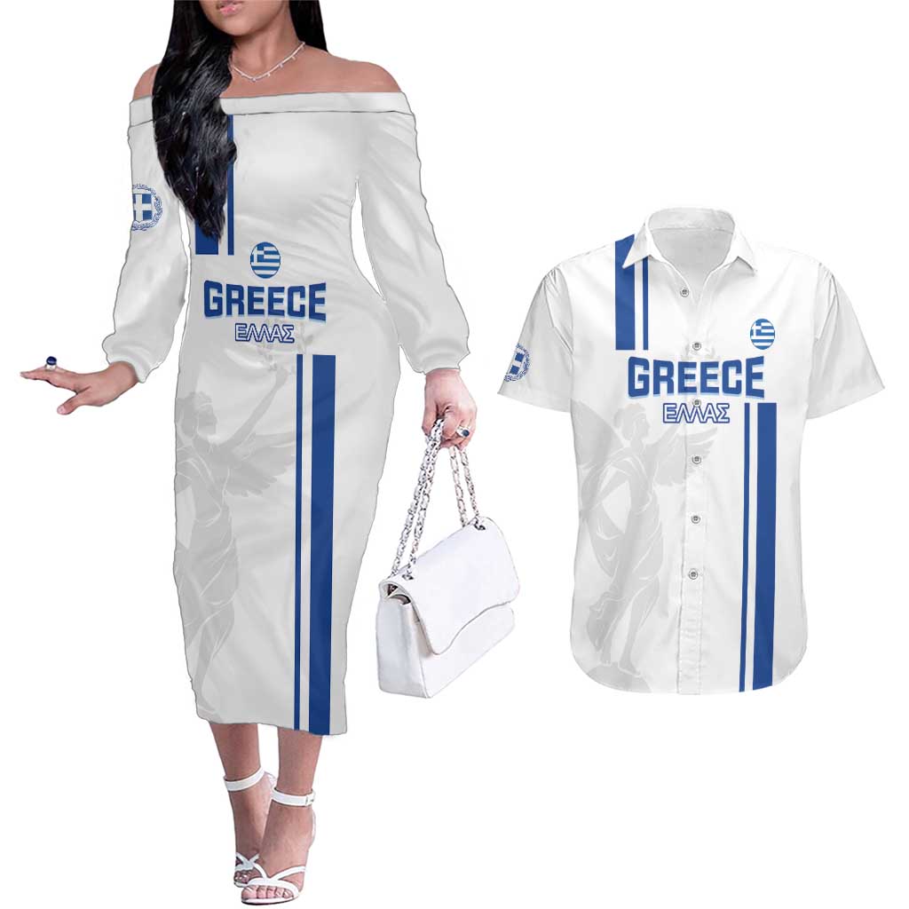 Custom Greece Football Couples Matching Off The Shoulder Long Sleeve Dress and Hawaiian Shirt Go Ethniki - Sporty Style - Wonder Print Shop