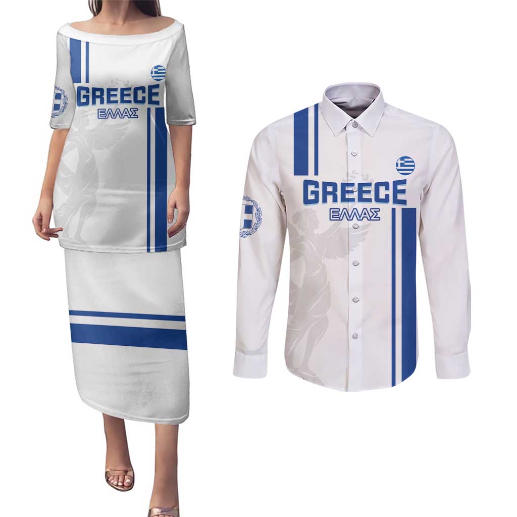 Custom Greece Football Couples Matching Puletasi and Long Sleeve Button Shirt Go Ethniki - Sporty Style - Wonder Print Shop