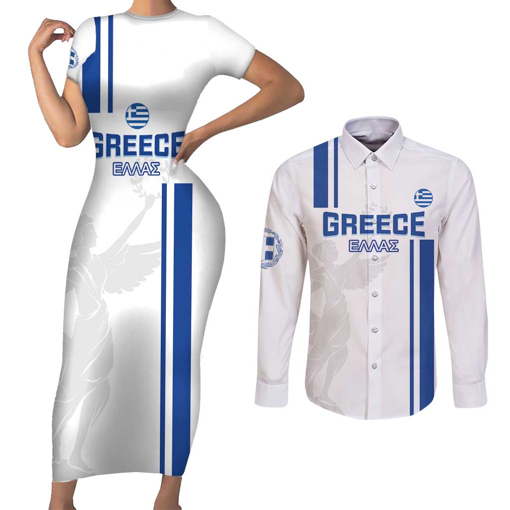 Custom Greece Football Couples Matching Short Sleeve Bodycon Dress and Long Sleeve Button Shirt Go Ethniki - Sporty Style - Wonder Print Shop