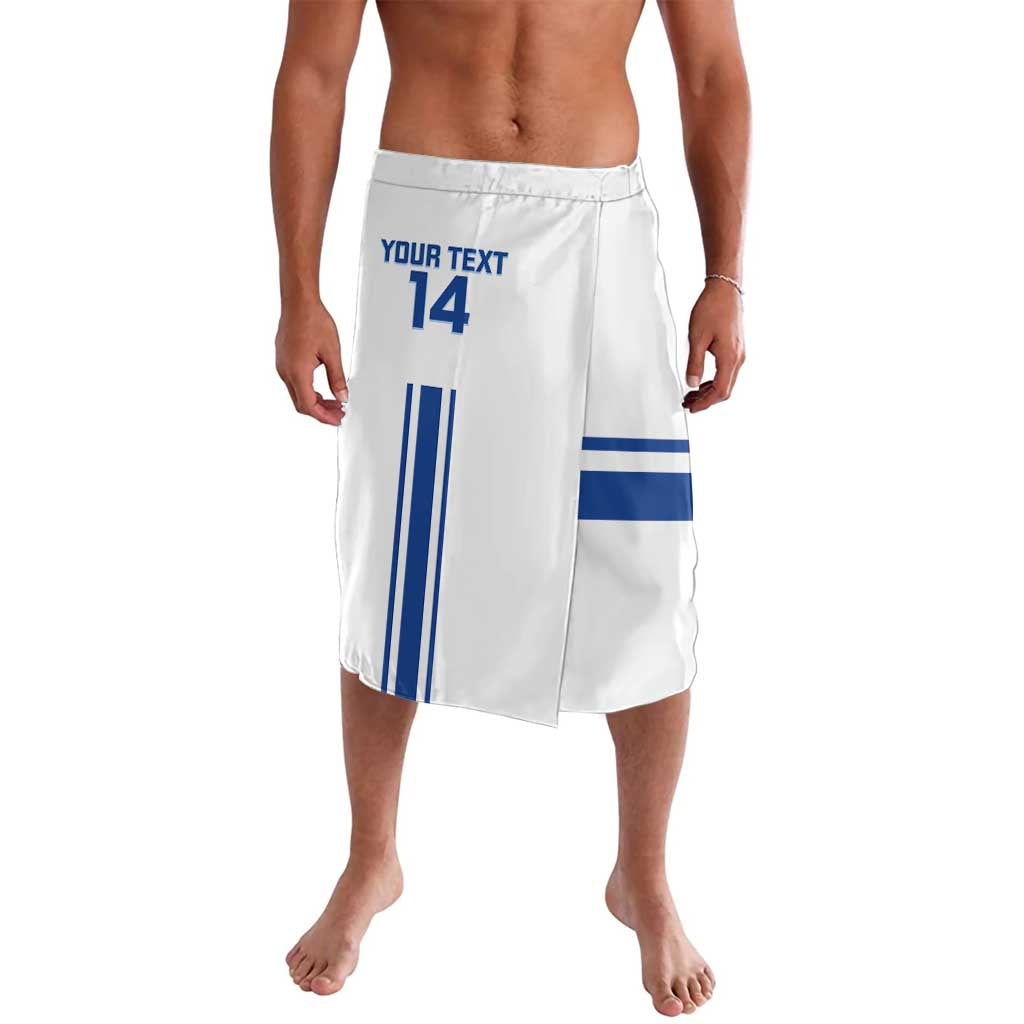 White sports lavalava shorts with blue stripe and 'YOUR TEXT 14' print