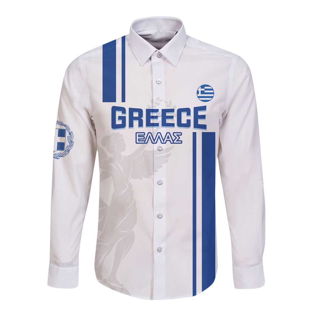 White long-sleeve button football shirt with blue Greece crest, stripes, and EmavZ logo
