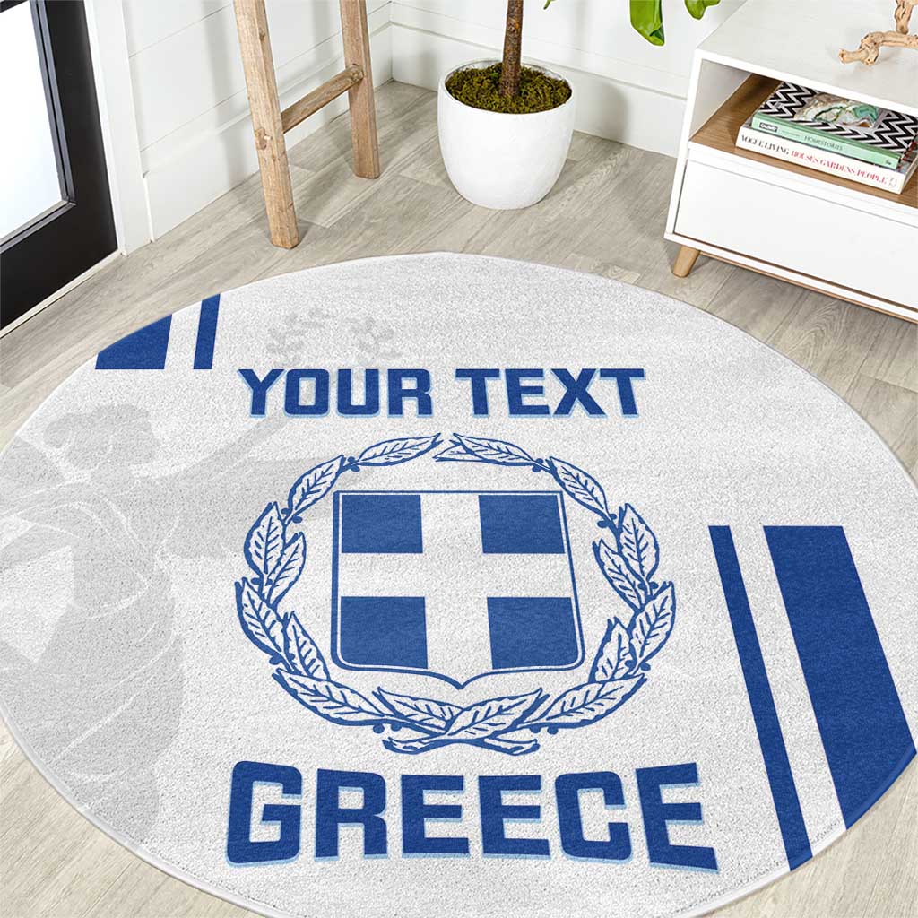 Round Greece football rug featuring blue Greek flag crest, laurel wreath, YOUR TEXT and GREECE.