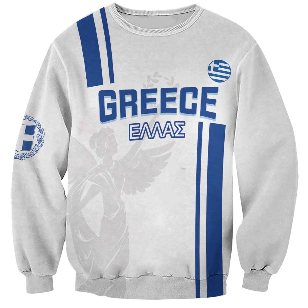 Light gray Greece football sweatshirt with blue crest, Greek flag stripes, crew neck