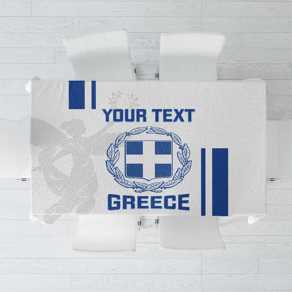White Greece football tablecloth with blue crest and vertical stripe panel