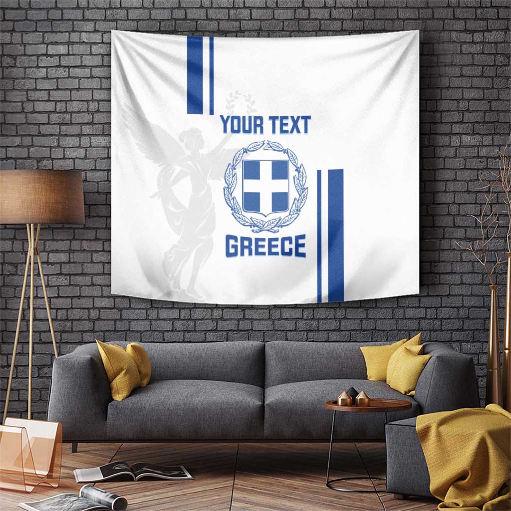 White Greece football tapestry with blue crest and vertical stripe accents, “YOUR TEXT”