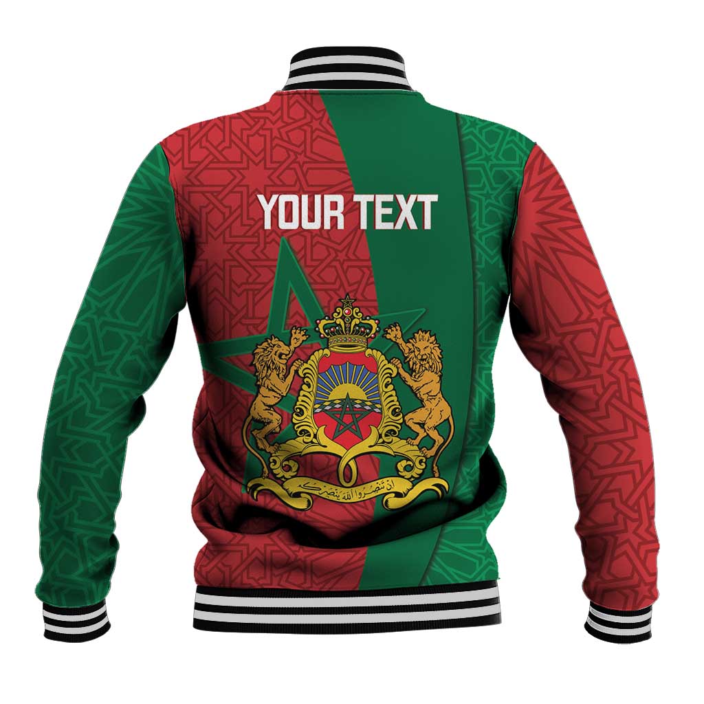 Personalized baseball jacket in red and green with crest and 'YOUR TEXT' on back