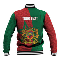 Personalized baseball jacket in red and green with crest and 'YOUR TEXT' on back