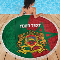 Round beach blanket with fringed edge, green and red Moroccan crest, 'YOUR TEXT'