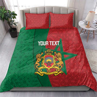 Moroccan bedding set with red and green patterned duvet cover, crest graphic, and two pillows