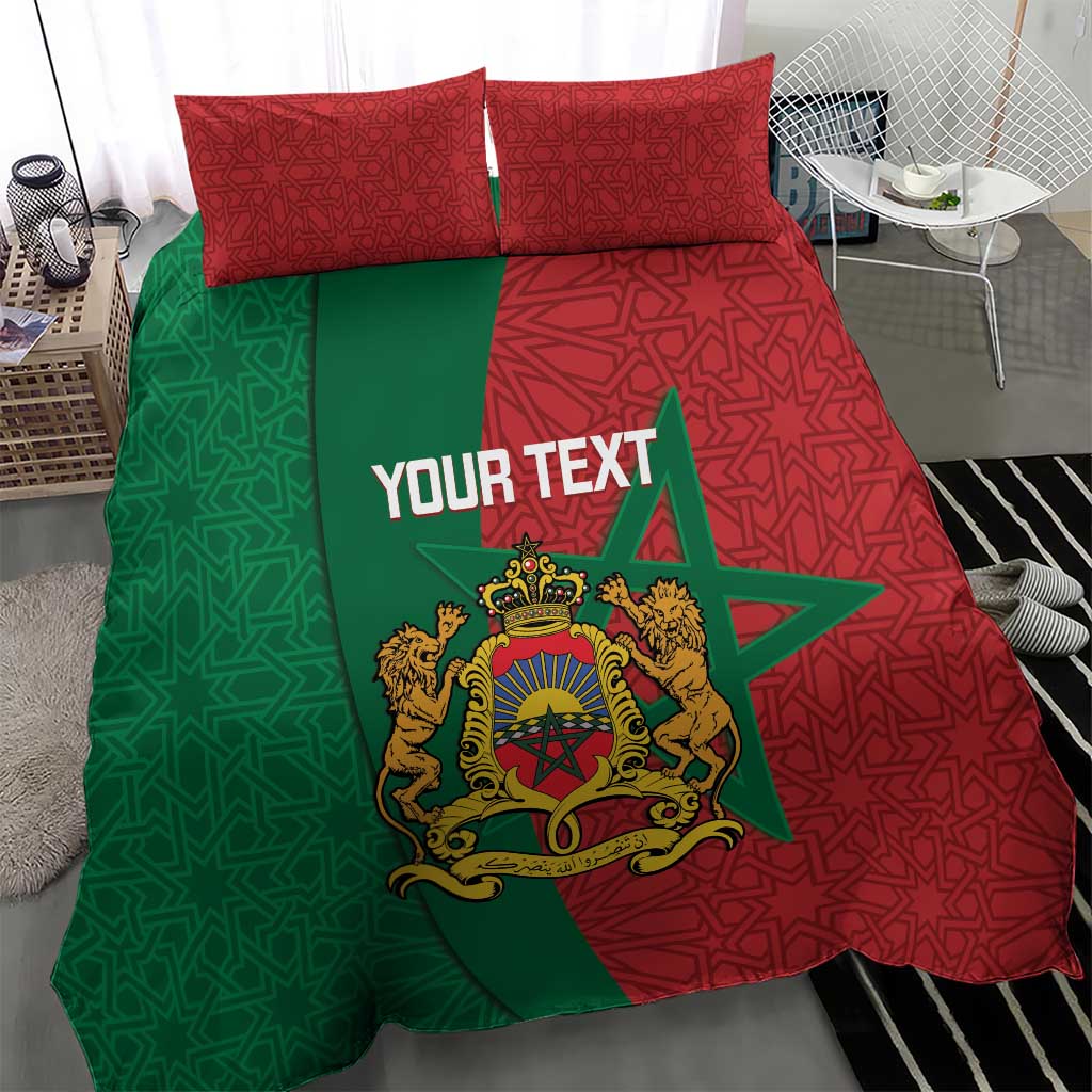 Moroccan bedding set with green and red geometric pattern duvet cover, crest, and two pillows