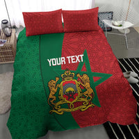 Moroccan bedding set with green and red geometric pattern duvet cover, crest, and two pillows