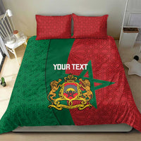 Moroccan bedding set with red and green patterned duvet cover, crest graphic, and two pillows