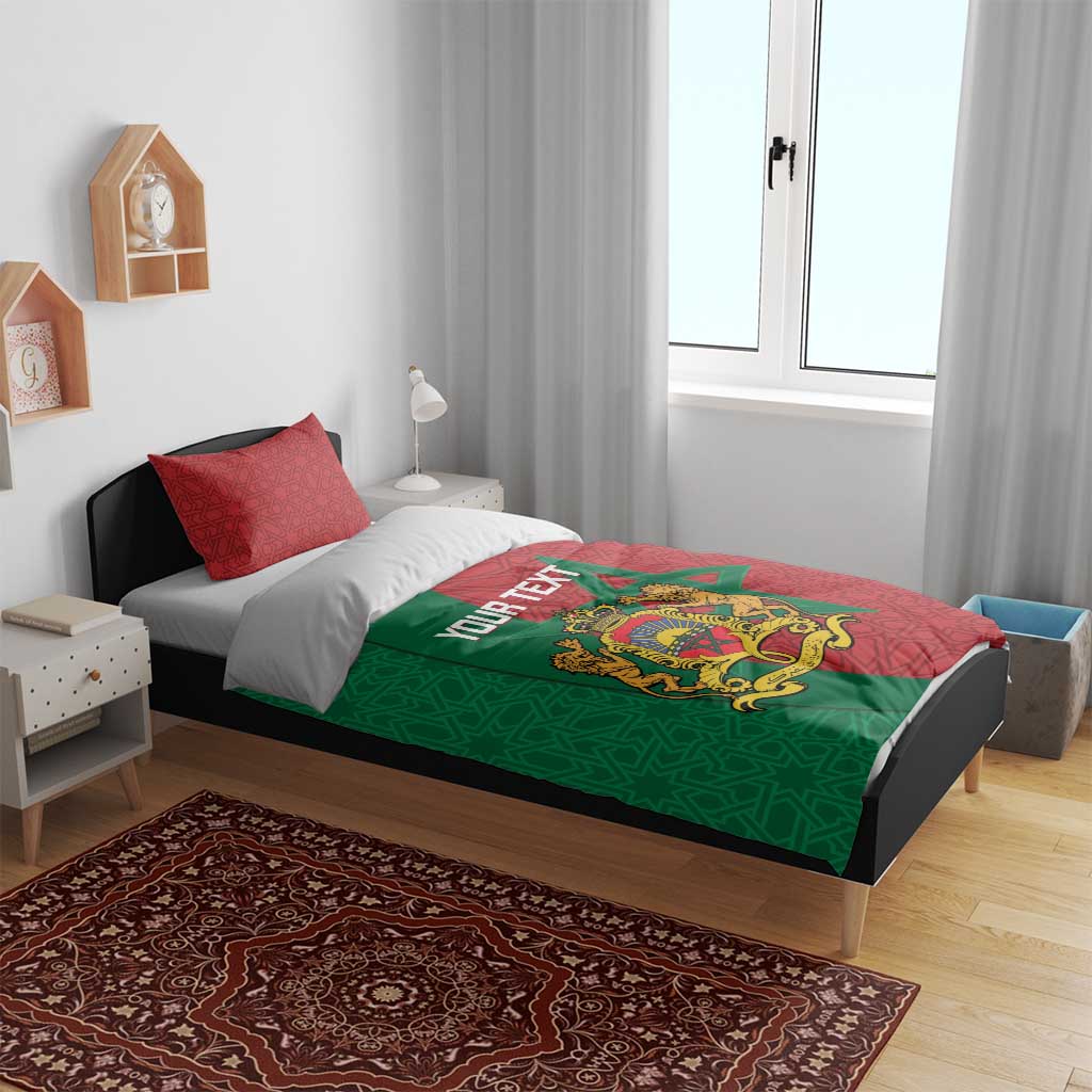 Moroccan bedding set with green and red patterned duvet cover and two red pillows