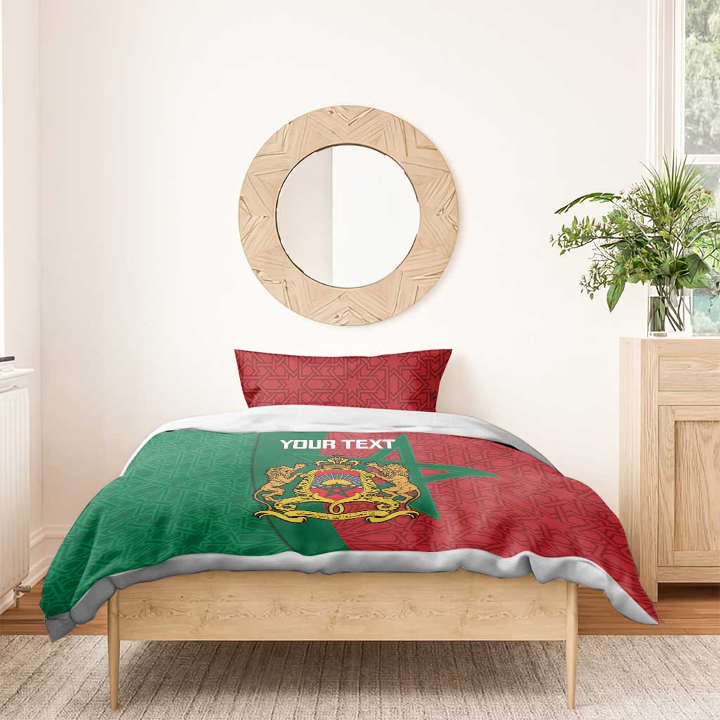 Moroccan bedding set with crest graphic on green panel duvet and red patterned side