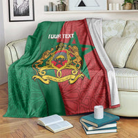 Personalized Moroccan blanket with green and red geometric pattern and crest emblem