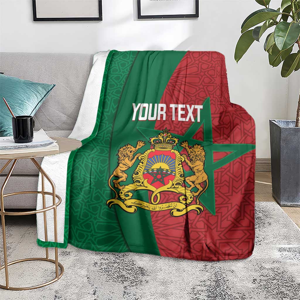Personalized Moroccan blanket folded on chair: green and red geometric pattern