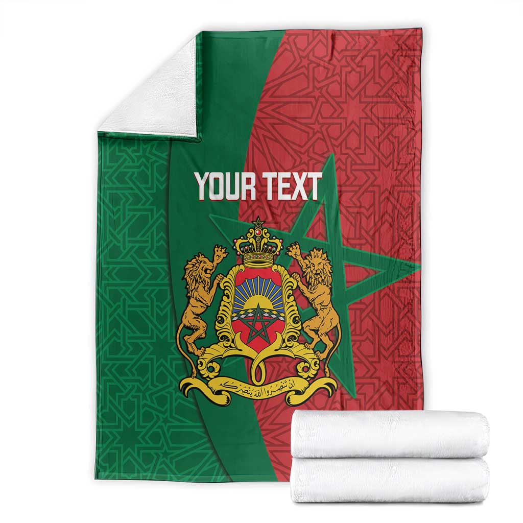 Personalized Moroccan blanket with green and red geometric pattern and crest emblem