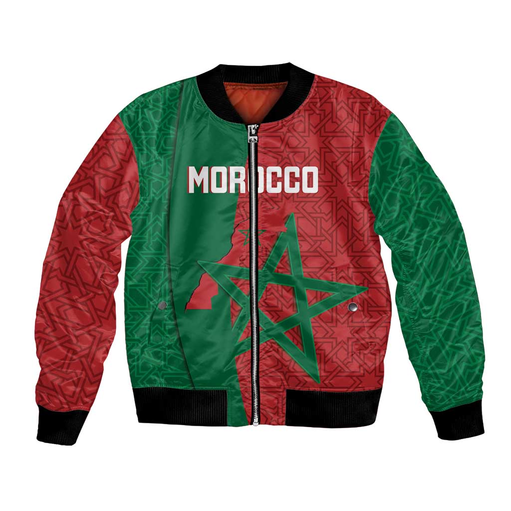 Unisex bomber jacket with green/red Moroccan pattern, front zipper and star emblem