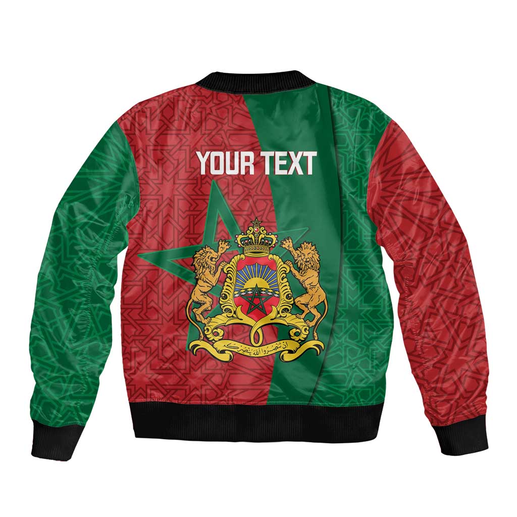 Unisex bomber jacket, back crest with green/red Moroccan pattern and 'YOUR TEXT' print