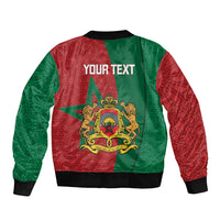Unisex bomber jacket, back crest with green/red Moroccan pattern and 'YOUR TEXT' print