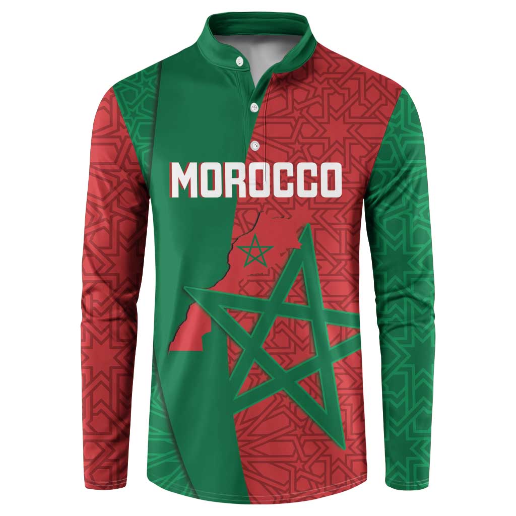 Personalized button-up sweatshirt with Morocco text print and star graphic.