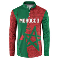 Personalized button-up sweatshirt with Morocco text print and star graphic.